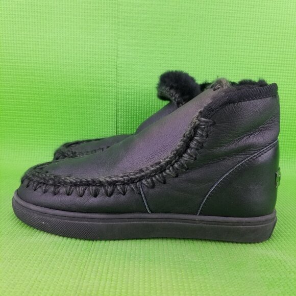 ✅MOU ESKIMO Sneakers Mens 8 BLACK Hand-crafted Genuine Sheepskin Pull On Boot - Picture 8 of 12
